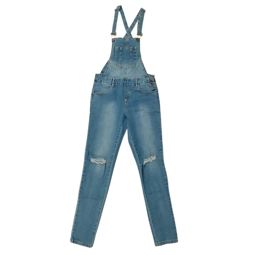 Sweet Look Denim Overalls Women Medium Blue Distressed Skinny Stretch Retro Y2K
